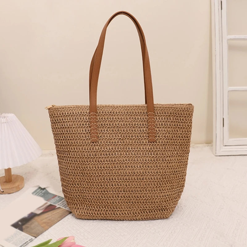 Women Straw Shoulder Bag Large Capacity Tote Bag Hand-woven Handbag Ladies Seaside Vacation Bag Fashion Summer Beach-Bag