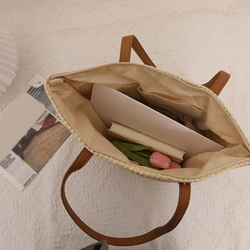 Women Straw Shoulder Bag Large Capacity Tote Bag Hand-woven Handbag Ladies Seaside Vacation Bag Fashion Summer Beach-Bag