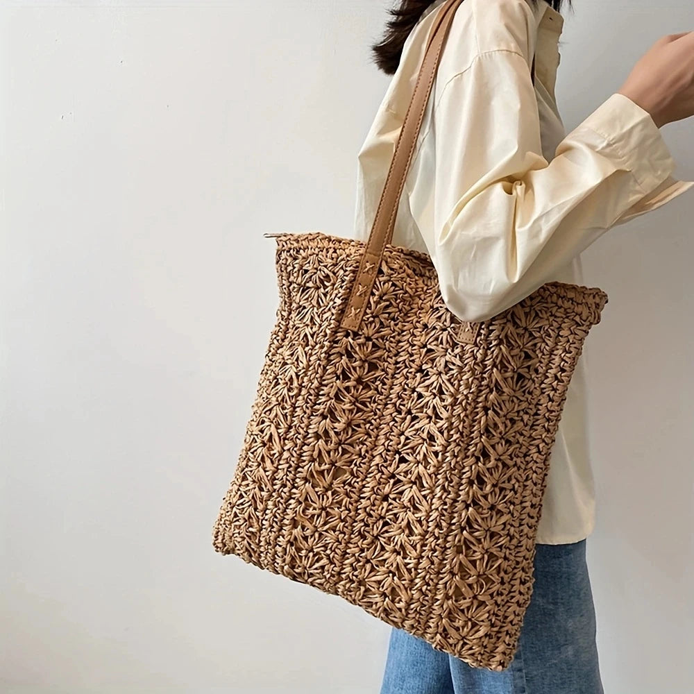 Women Straw Woven Shoulder Bag Shoulder Bohemian Summer Woven Pouch for Women Handmade Traveling Handbags Underarm Beach Bags
