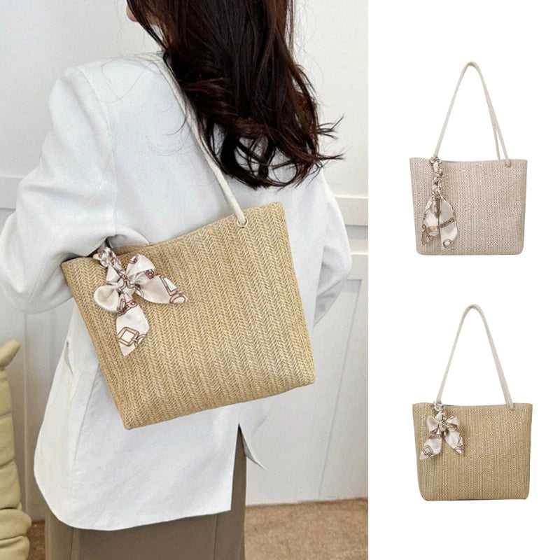 Women Straw Woven Tote Bag Simple Casual Bag Large Capacity Shoulder Bag Ladies Casual Handbag Girl Fashion Underarm Bag