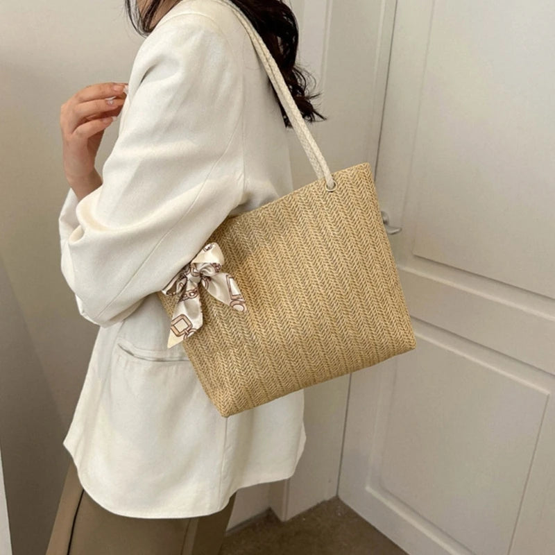 Women Straw Woven Tote Bag Simple Casual Bag Large Capacity Shoulder Bag Ladies Casual Handbag Girl Fashion Underarm Bag