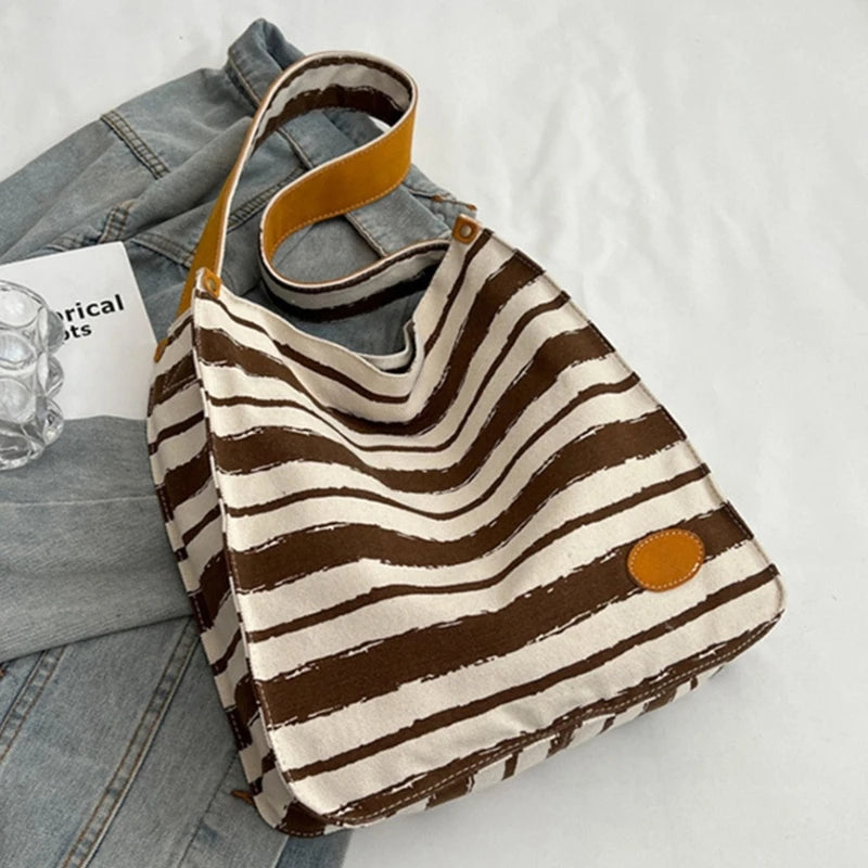 Women Striped Canvas Shoulder Bag Reusable Tote Bag Casual Handbag for Girls