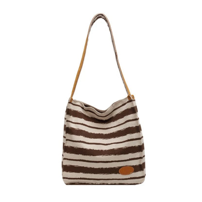 Women Striped Canvas Shoulder Bag Reusable Tote Bag Casual Handbag for Girls