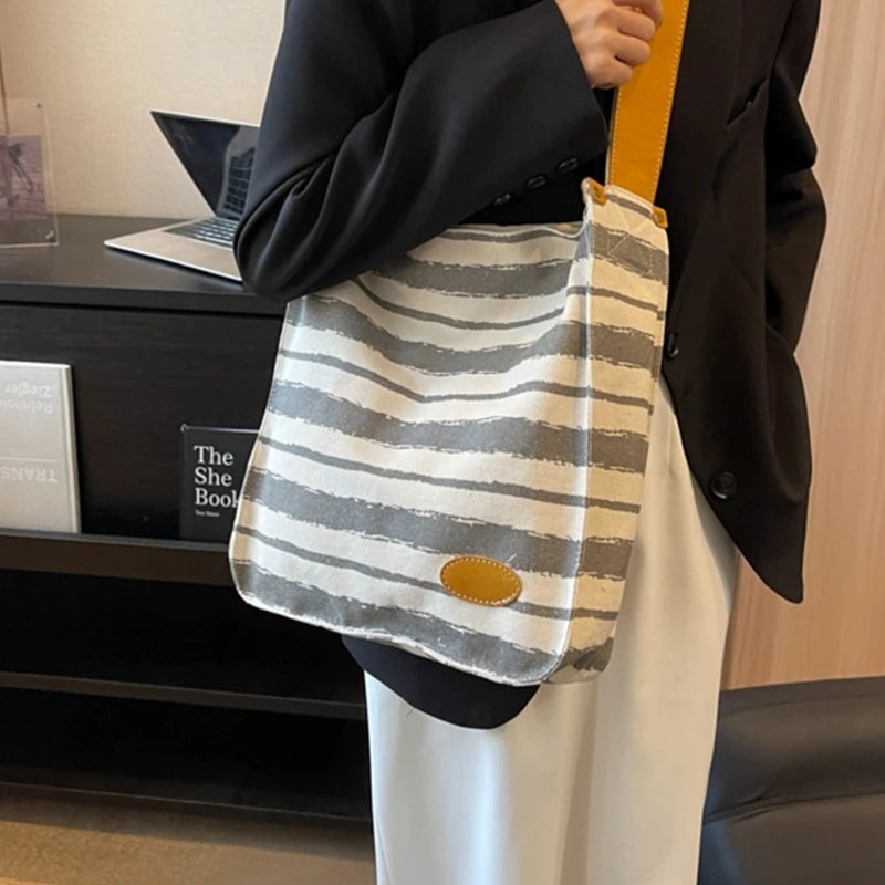 Women Striped Canvas Shoulder Bag Reusable Tote Bag Casual Handbag for Girls