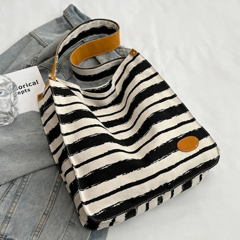 Women Striped Canvas Shoulder Bag Reusable Tote Bag Casual Handbag for Girls