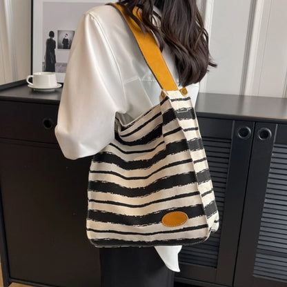 Women Striped Canvas Shoulder Bag Reusable Tote Bag Casual Handbag for Girls