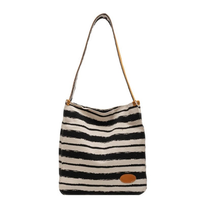 Women Striped Canvas Shoulder Bag Reusable Tote Bag Casual Handbag for Girls