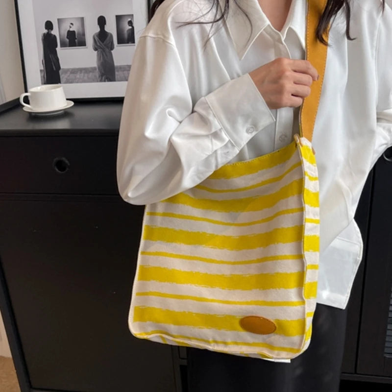 Women Striped Canvas Shoulder Bag Reusable Tote Bag Casual Handbag for Girls