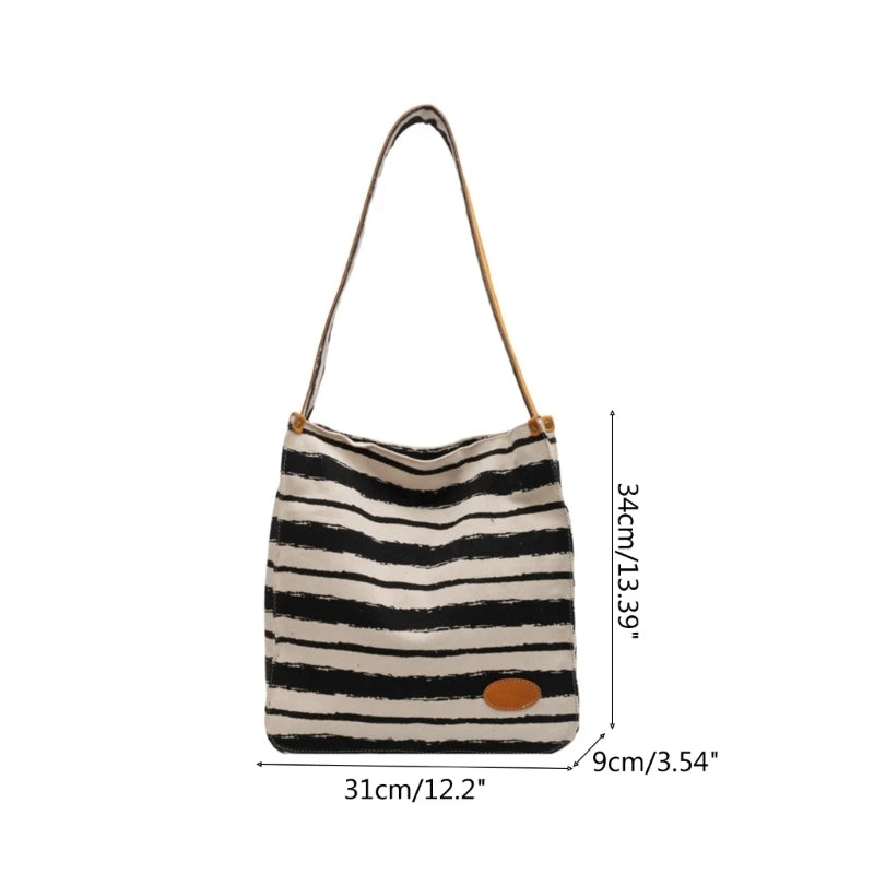 Women Striped Canvas Shoulder Bag Reusable Tote Bag Casual Handbag for Girls