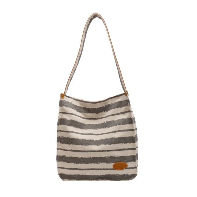 Women Striped Canvas Shoulder Bag Reusable Tote Bag Casual Handbag for Girls