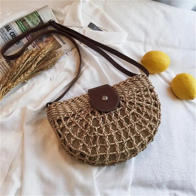 Women Summer Straw Stylish Braided Saddle Crossbody Bag Women Beach Holiday Shopping Woven Shoulder Messenger For Ladies Bags