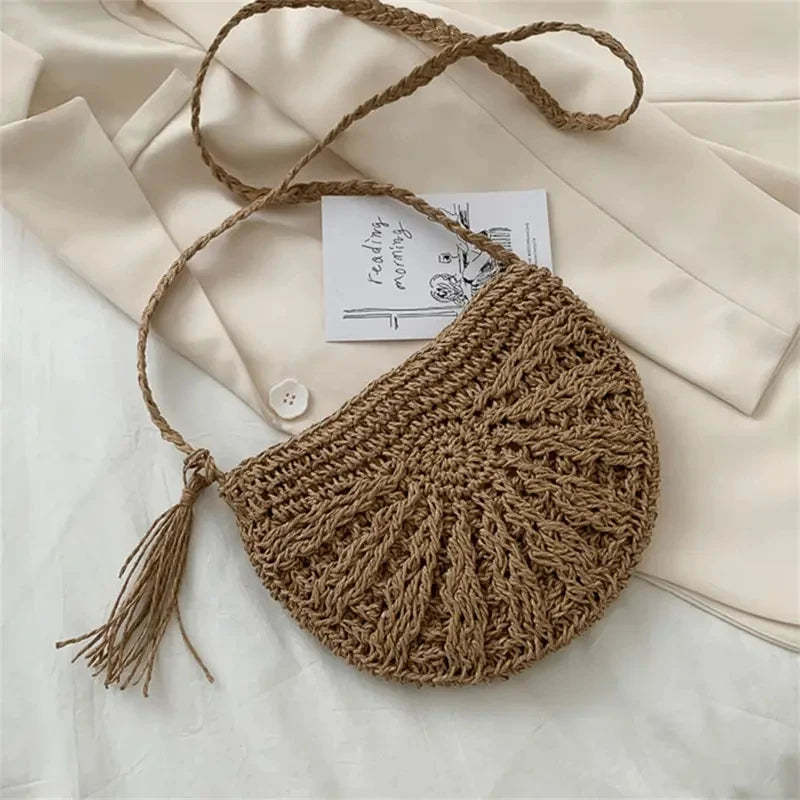Women Summer Straw Stylish Braided Saddle Crossbody Bag Women Beach Holiday Shopping Woven Shoulder Messenger For Ladies Bags