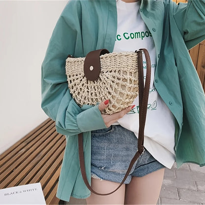 Women Summer Straw Stylish Braided Saddle Crossbody Bag Women Beach Holiday Shopping Woven Shoulder Messenger For Ladies Bags