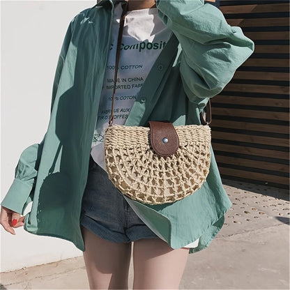 Women Summer Straw Stylish Braided Saddle Crossbody Bag Women Beach Holiday Shopping Woven Shoulder Messenger For Ladies Bags
