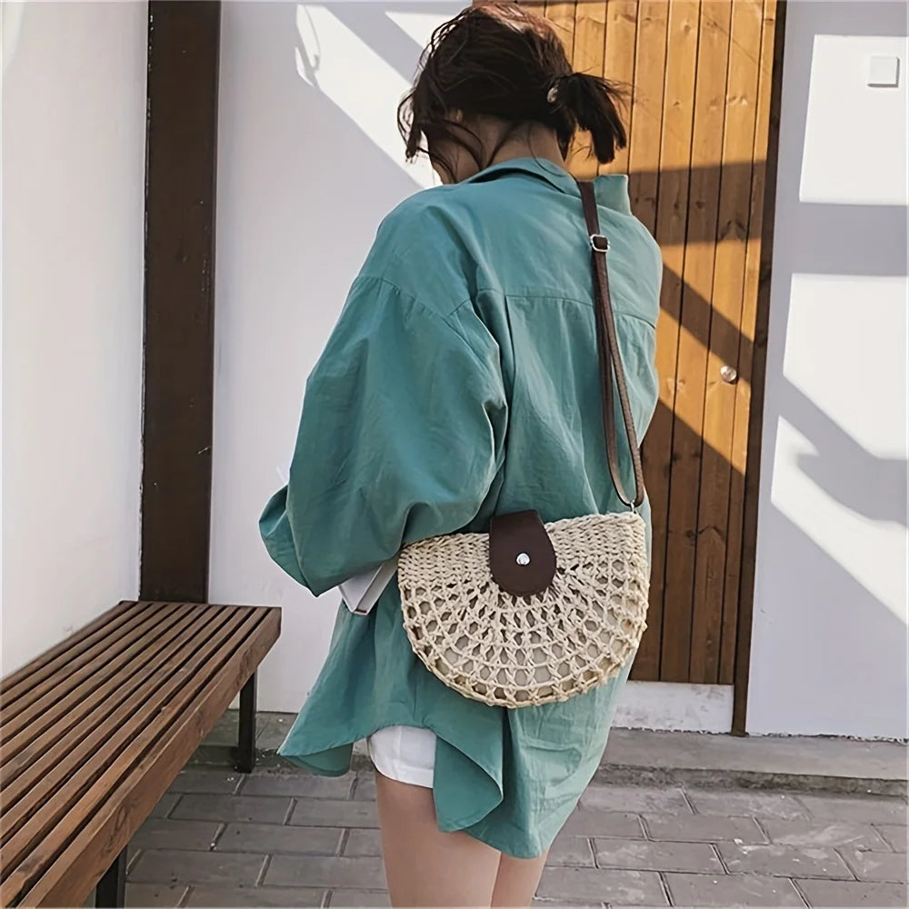 Women Summer Straw Stylish Braided Saddle Crossbody Bag Women Beach Holiday Shopping Woven Shoulder Messenger For Ladies Bags