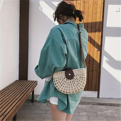 Women Summer Straw Stylish Braided Saddle Crossbody Bag Women Beach Holiday Shopping Woven Shoulder Messenger For Ladies Bags