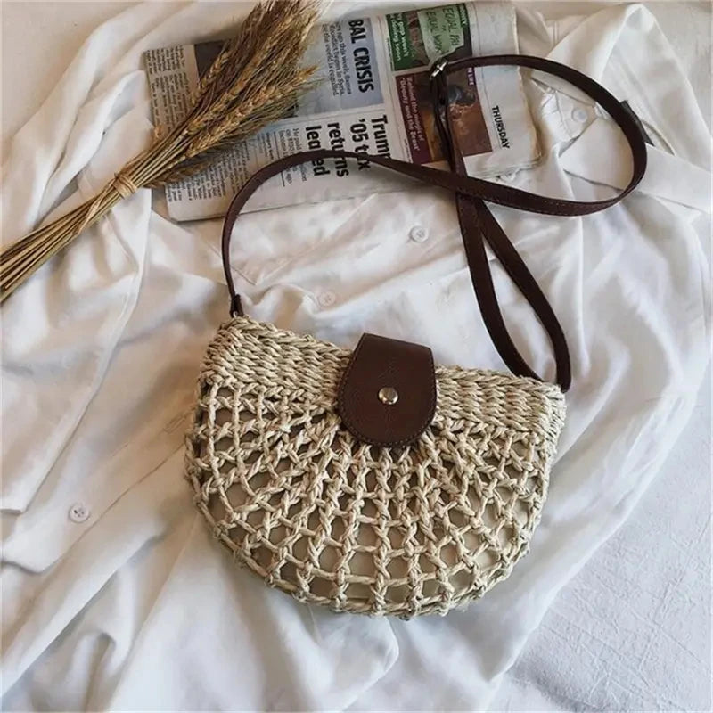 Women Summer Straw Stylish Braided Saddle Crossbody Bag Women Beach Holiday Shopping Woven Shoulder Messenger For Ladies Bags