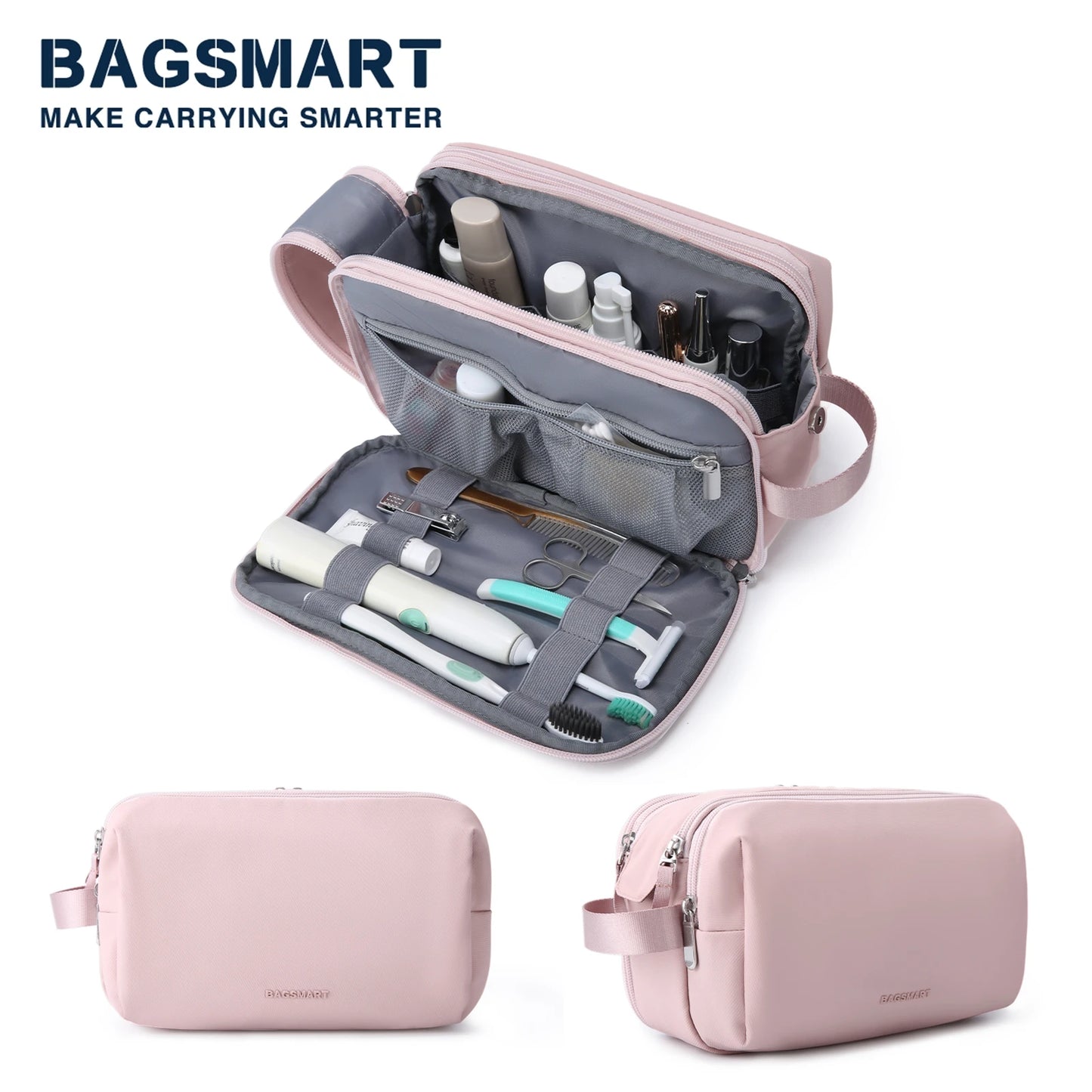 Women Toiletry Bag for Men BAGSMART Pink Water-resistant Dopp Kit for Travel Lightweight Shaving Bag Fits Full Sized Toiletries