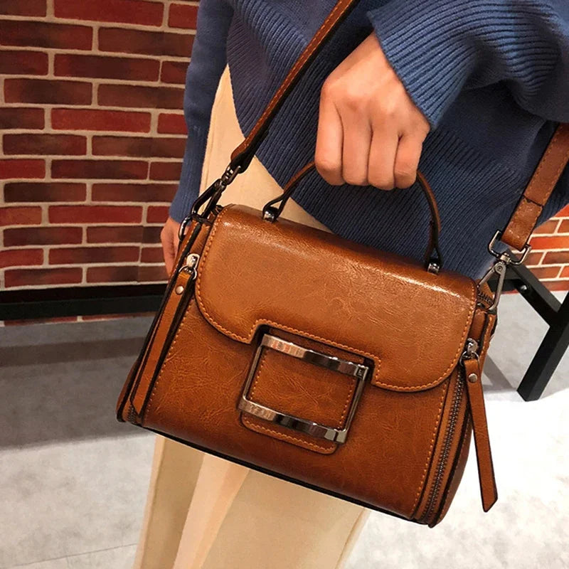 Women Top Handle Messenger Tote Handbag Cowhide Fashion Female Leisure Oil Wax Genuine Leather Cross Body Shoulder Bag New