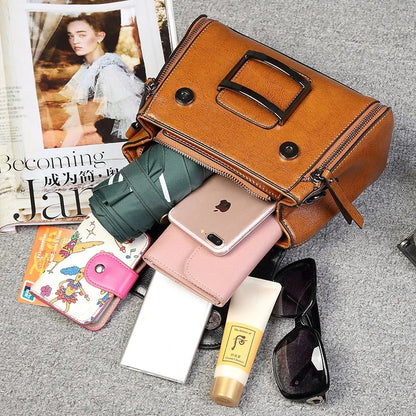 Women Top Handle Messenger Tote Handbag Cowhide Fashion Female Leisure Oil Wax Genuine Leather Cross Body Shoulder Bag New