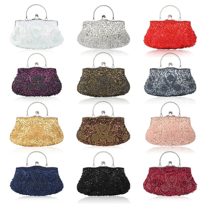 Women Vintage Beaded Sequin Flower Evening Purse Large Clutch Bag with Handle Wedding Cocktail Party Embroidered Bridal Handbag