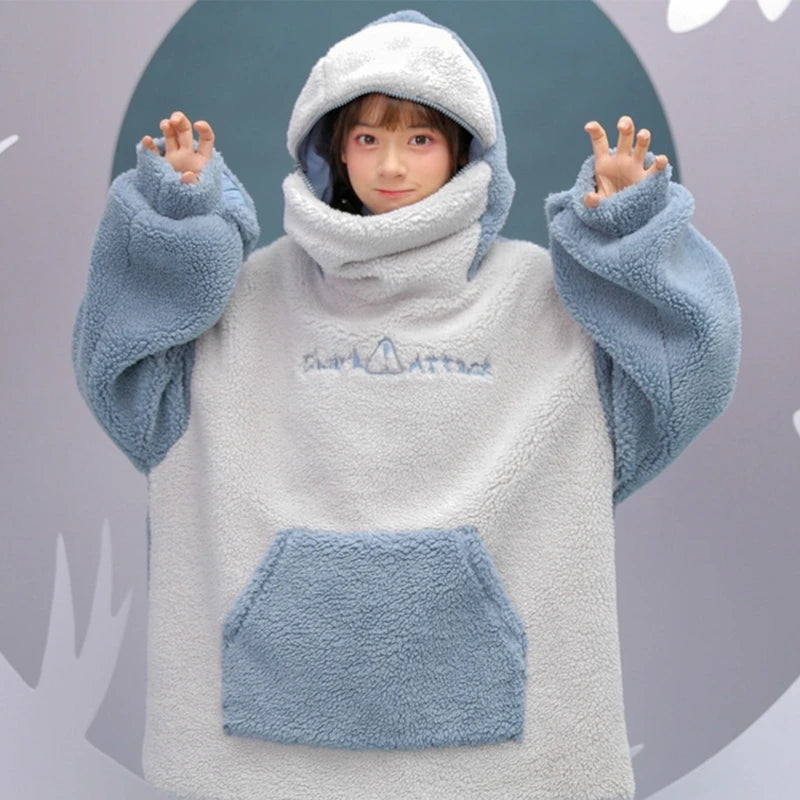 Women Winter Thick Fuzzy Plush Sweatshirt Harajuku Cute Zipper Mouth Shark Hoodies Letter Embroidery Oversized Loose Pullover To