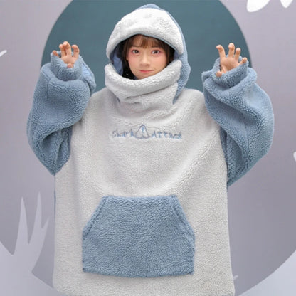 Women Winter Thick Fuzzy Plush Sweatshirt Harajuku Cute Zipper Mouth Shark Hoodies Letter Embroidery Oversized Loose Pullover To