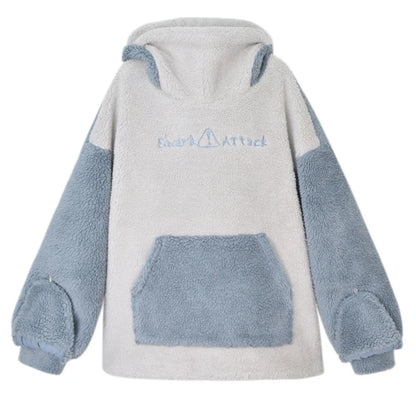 Women Winter Thick Fuzzy Plush Sweatshirt Harajuku Cute Zipper Mouth Shark Hoodies Letter Embroidery Oversized Loose Pullover To