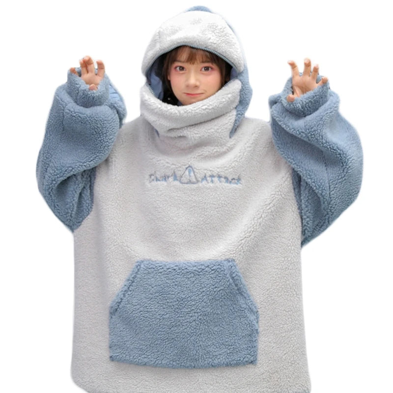 Women Winter Thick Fuzzy Plush Sweatshirt Harajuku Cute Zipper Mouth Shark Hoodies Letter Embroidery Oversized Loose Pullover To