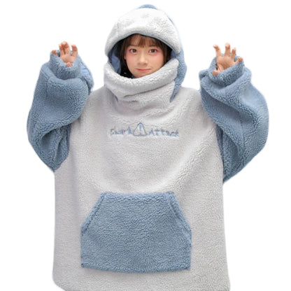 Women Winter Thick Fuzzy Plush Sweatshirt Harajuku Cute Zipper Mouth Shark Hoodies Letter Embroidery Oversized Loose Pullover To