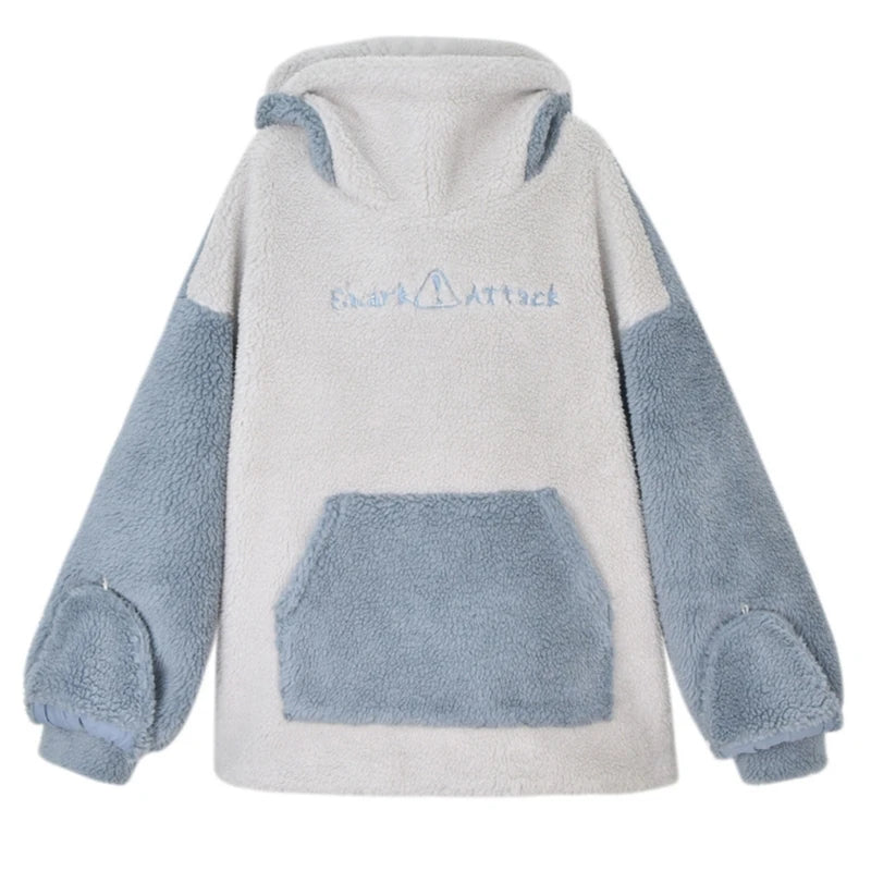 Women Winter Thick Fuzzy Plush Sweatshirt Harajuku Cute Zipper Mouth Shark Hoodies Letter Embroidery Oversized Loose Pullover To