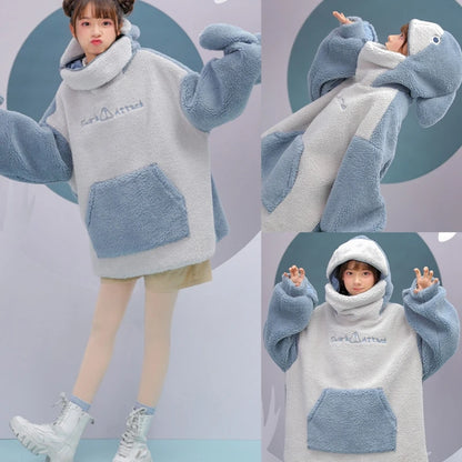 Women Winter Thick Fuzzy Plush Sweatshirt Harajuku Cute Zipper Mouth Shark Hoodies Letter Embroidery Oversized Loose Pullover To