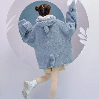 Women Winter Thick Fuzzy Plush Sweatshirt Harajuku Cute Zipper Mouth Shark Hoodies Letter Embroidery Oversized Loose Pullover To