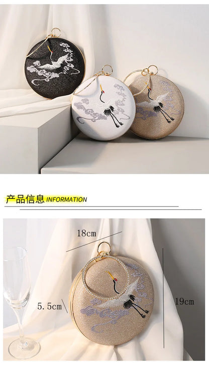 Women party prom Evening bags Metal Clutches banquet messenger Bag gift box Retro crane embroidered dinner bag round handbag