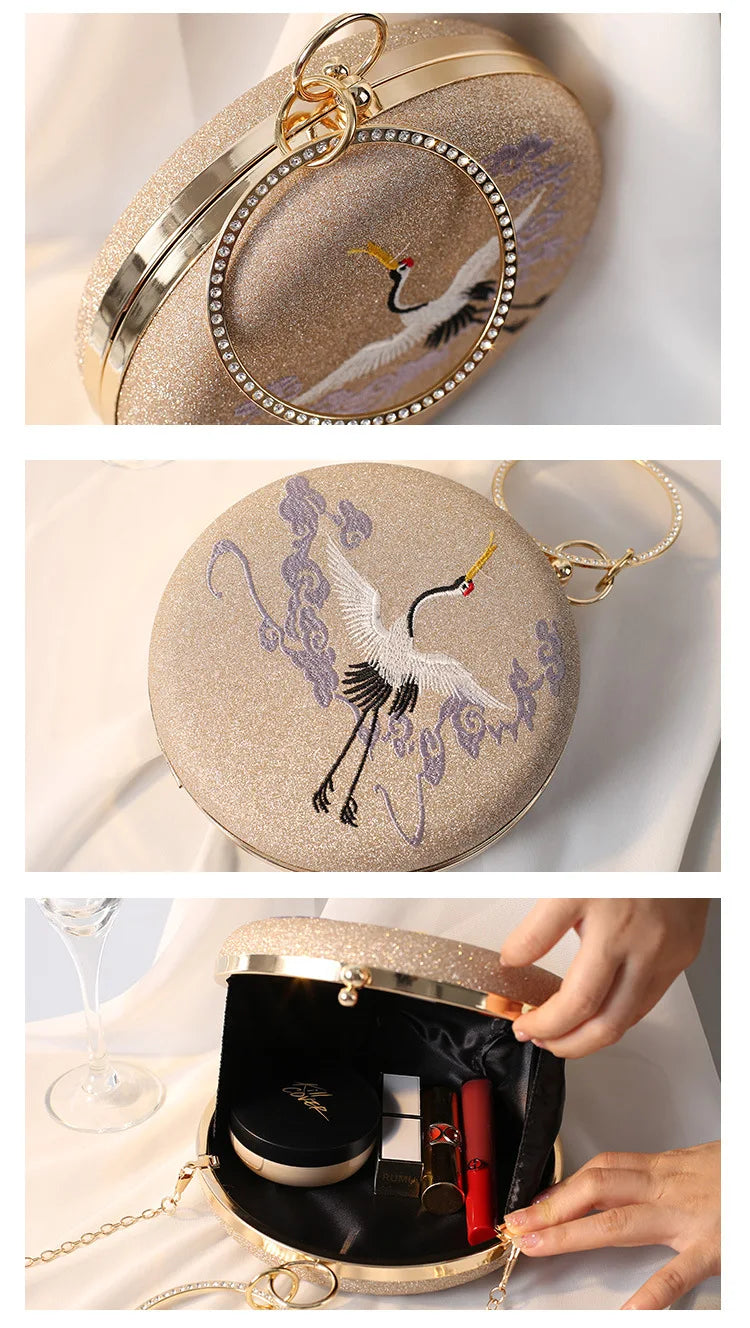 Women party prom Evening bags Metal Clutches banquet messenger Bag gift box Retro crane embroidered dinner bag round handbag