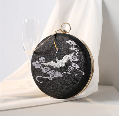 Women party prom Evening bags Metal Clutches banquet messenger Bag gift box Retro crane embroidered dinner bag round handbag