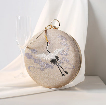 Women party prom Evening bags Metal Clutches banquet messenger Bag gift box Retro crane embroidered dinner bag round handbag