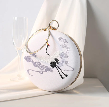 Women party prom Evening bags Metal Clutches banquet messenger Bag gift box Retro crane embroidered dinner bag round handbag