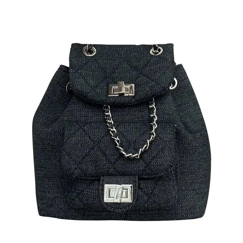 Women's 2024new Denim Ringer Chain Small Backpack Large Capacity Lock Portable Bag Fashionable Travel Commuting Fashion