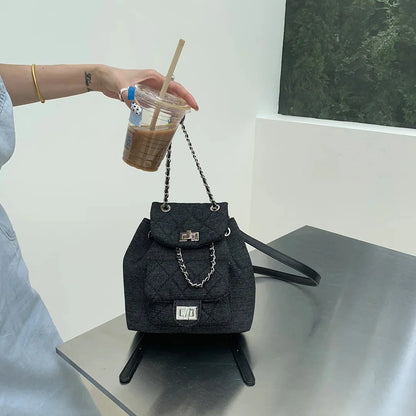 Women's 2024new Denim Ringer Chain Small Backpack Large Capacity Lock Portable Bag Fashionable Travel Commuting Fashion
