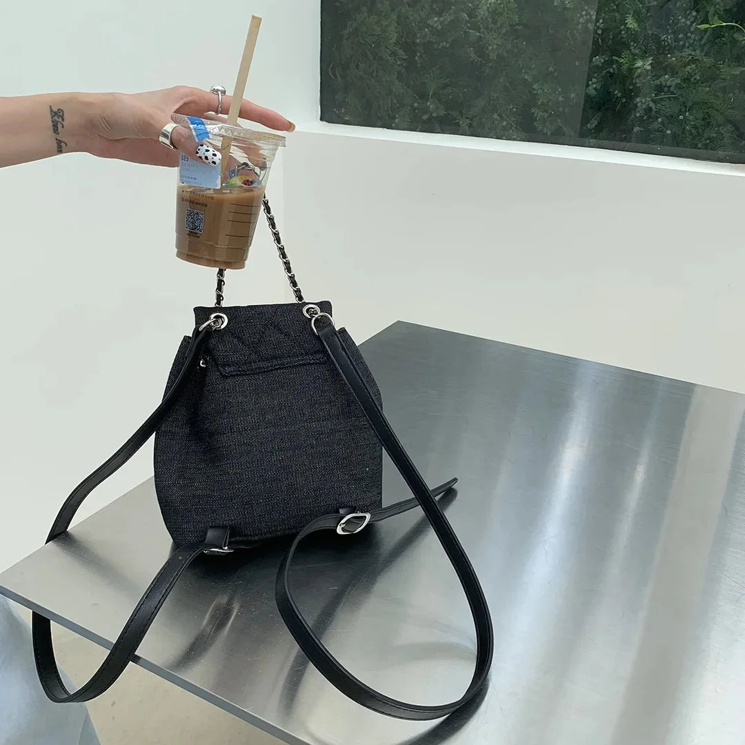Women's 2024new Denim Ringer Chain Small Backpack Large Capacity Lock Portable Bag Fashionable Travel Commuting Fashion