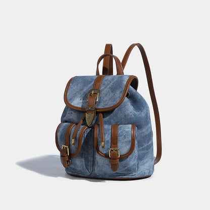 Women's American Retro Denim Bag High Quality Old Commuting 2024 New College Style Versatile Small Backpack for Women