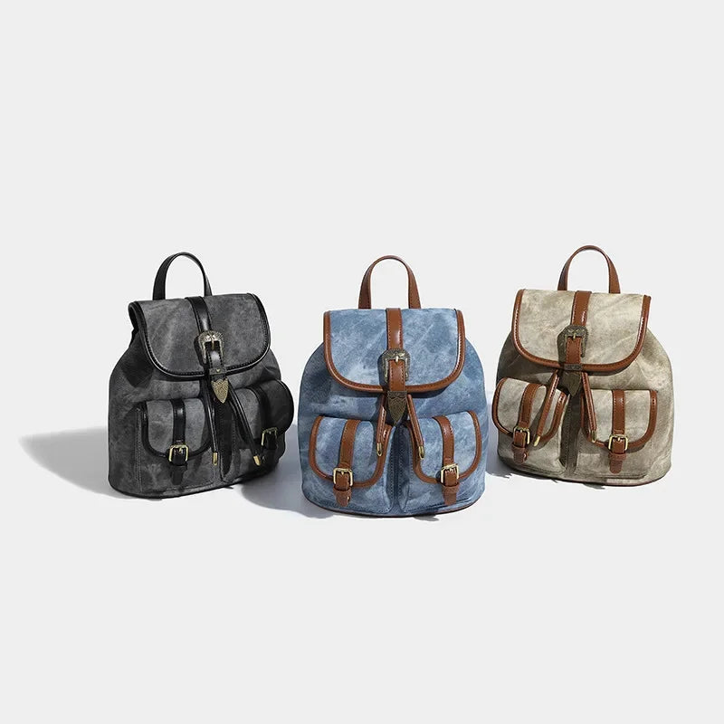 Women's American Retro Denim Bag High Quality Old Commuting 2024 New College Style Versatile Small Backpack for Women