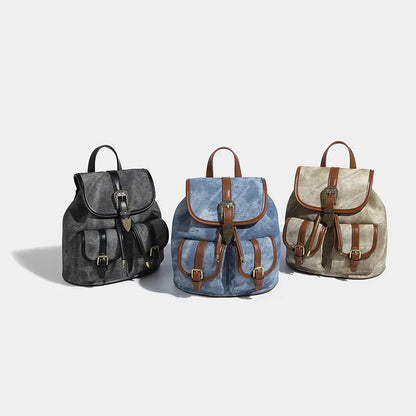 Women's American Retro Denim Bag High Quality Old Commuting 2024 New College Style Versatile Small Backpack for Women