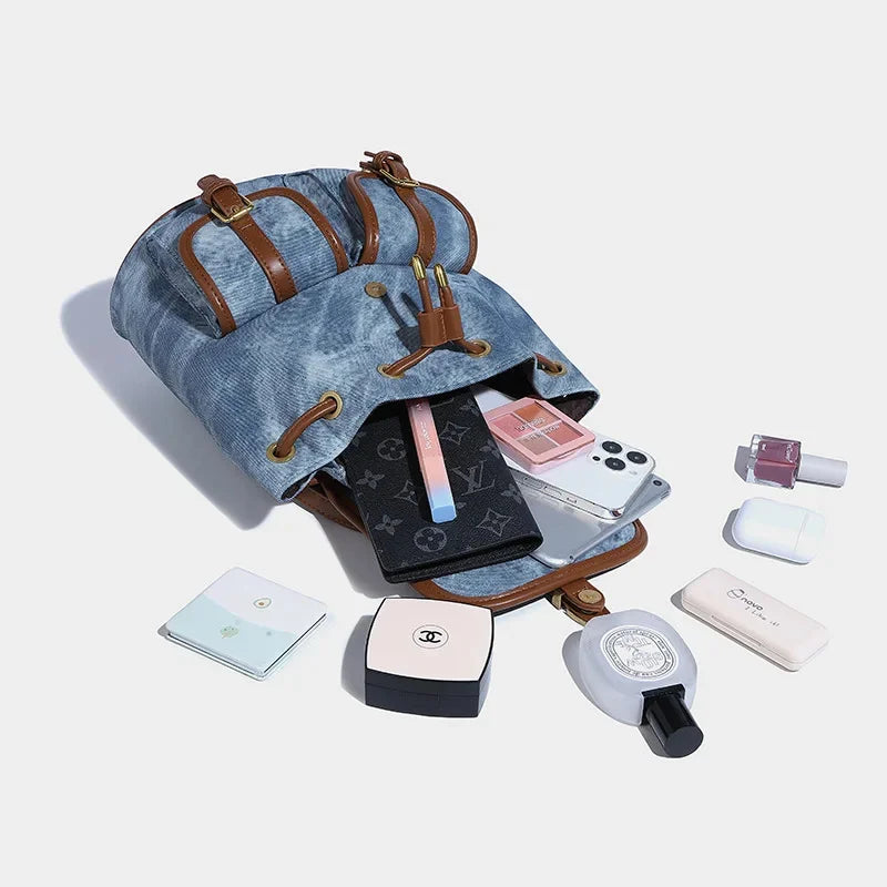 Women's American Retro Denim Bag High Quality Old Commuting 2024 New College Style Versatile Small Backpack for Women