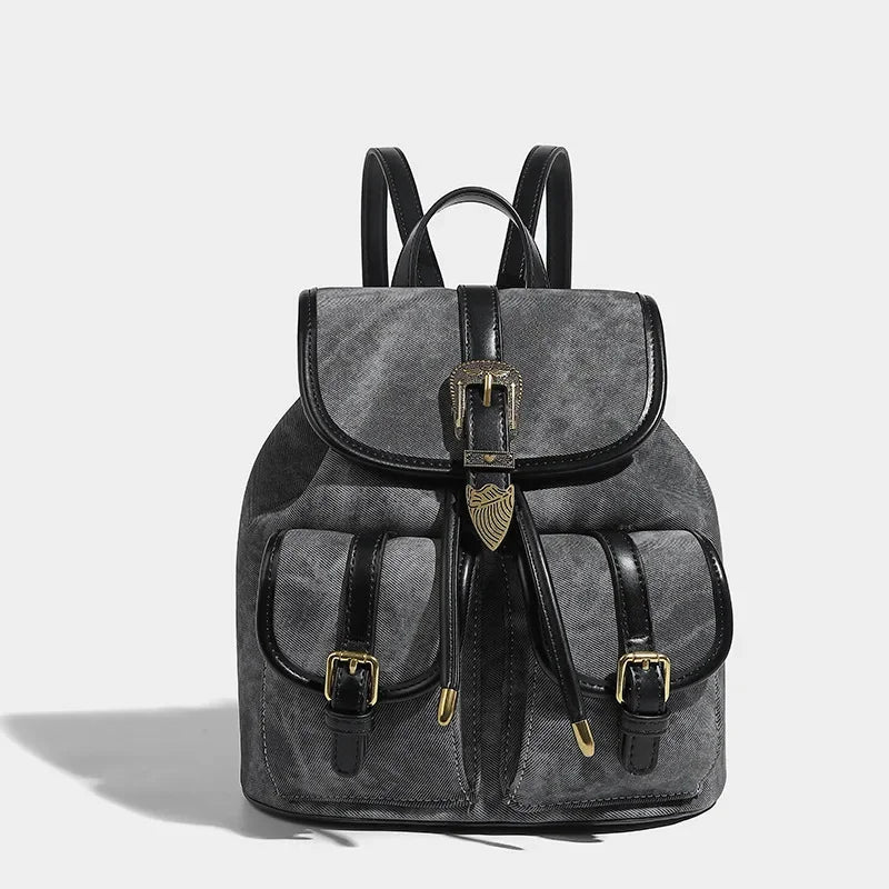 Women's American Retro Denim Bag High Quality Old Commuting 2024 New College Style Versatile Small Backpack for Women