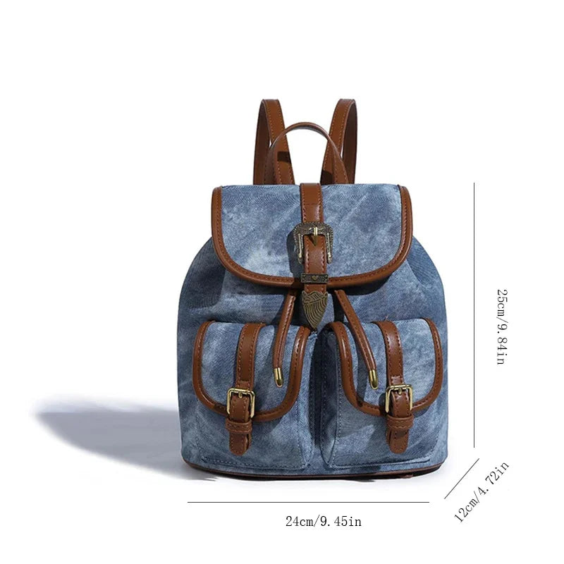 Women's American Retro Denim Bag High Quality Old Commuting 2024 New College Style Versatile Small Backpack for Women