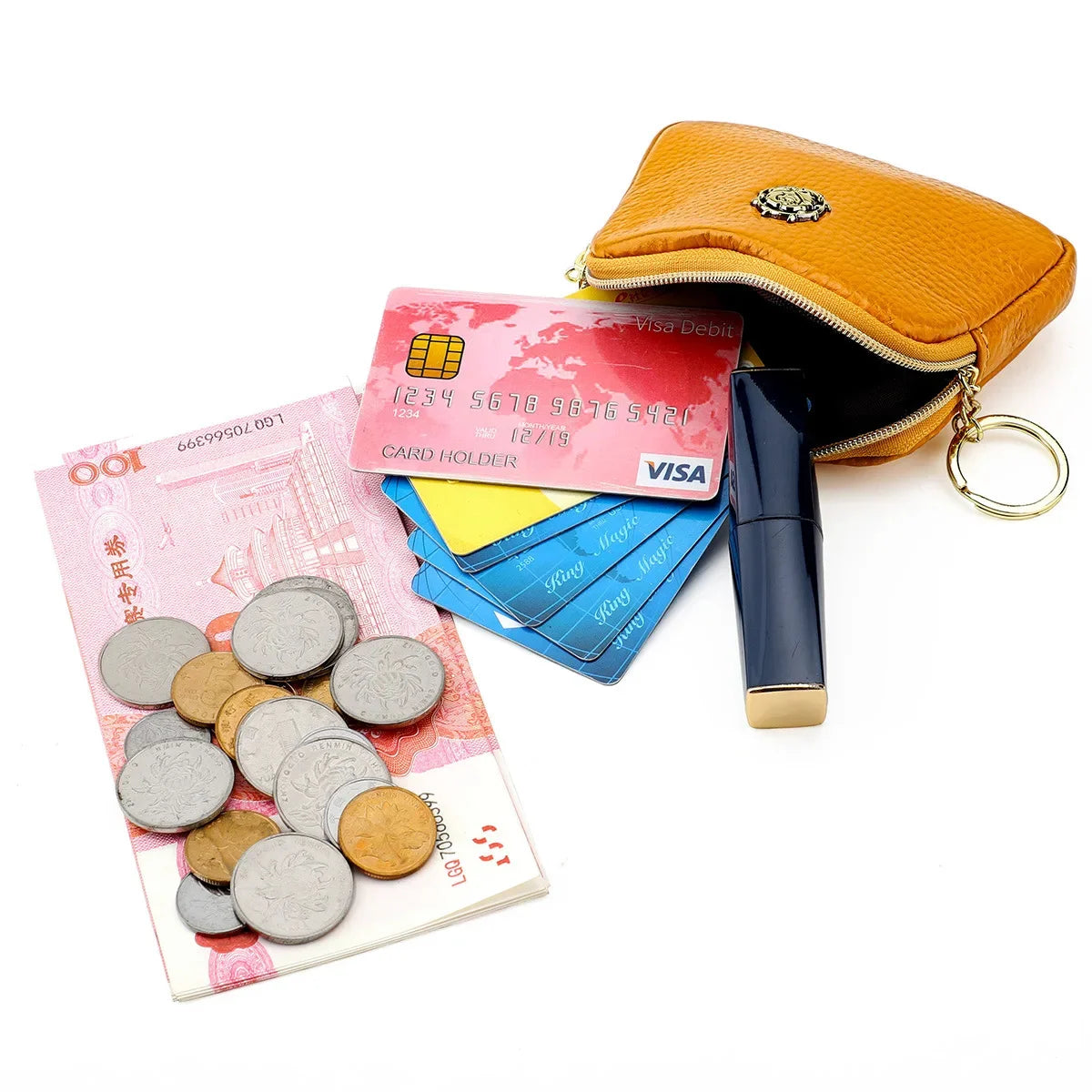 Women's Casual Genuine Leather Zipper Coin Purse Key Card Holder Slim Thin Head Layer Cowhide Universal Wallet