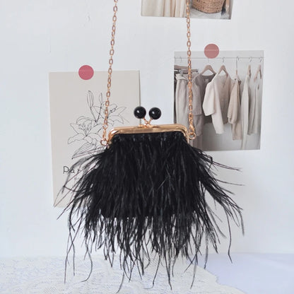 Women's Evening Bag Plush Feather Clutch Purse Mini Crossbody Bag Evening Handbag with Detachable Chain for Prom Party