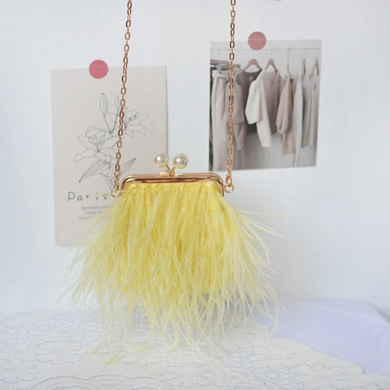 Women's Evening Bag Plush Feather Clutch Purse Mini Crossbody Bag Evening Handbag with Detachable Chain for Prom Party